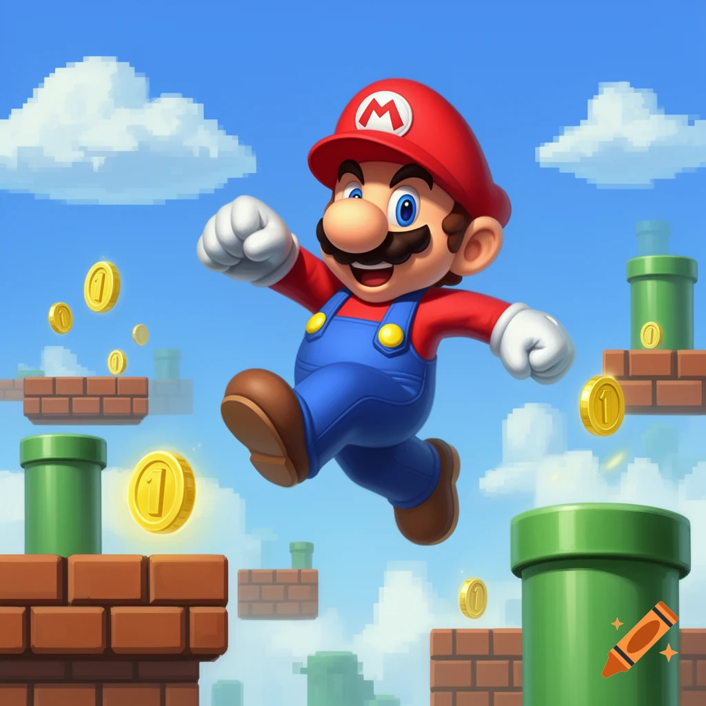 Stylized Mario jumps in a vibrant blue sky over green pipes and brick platforms, collecting golden coins.