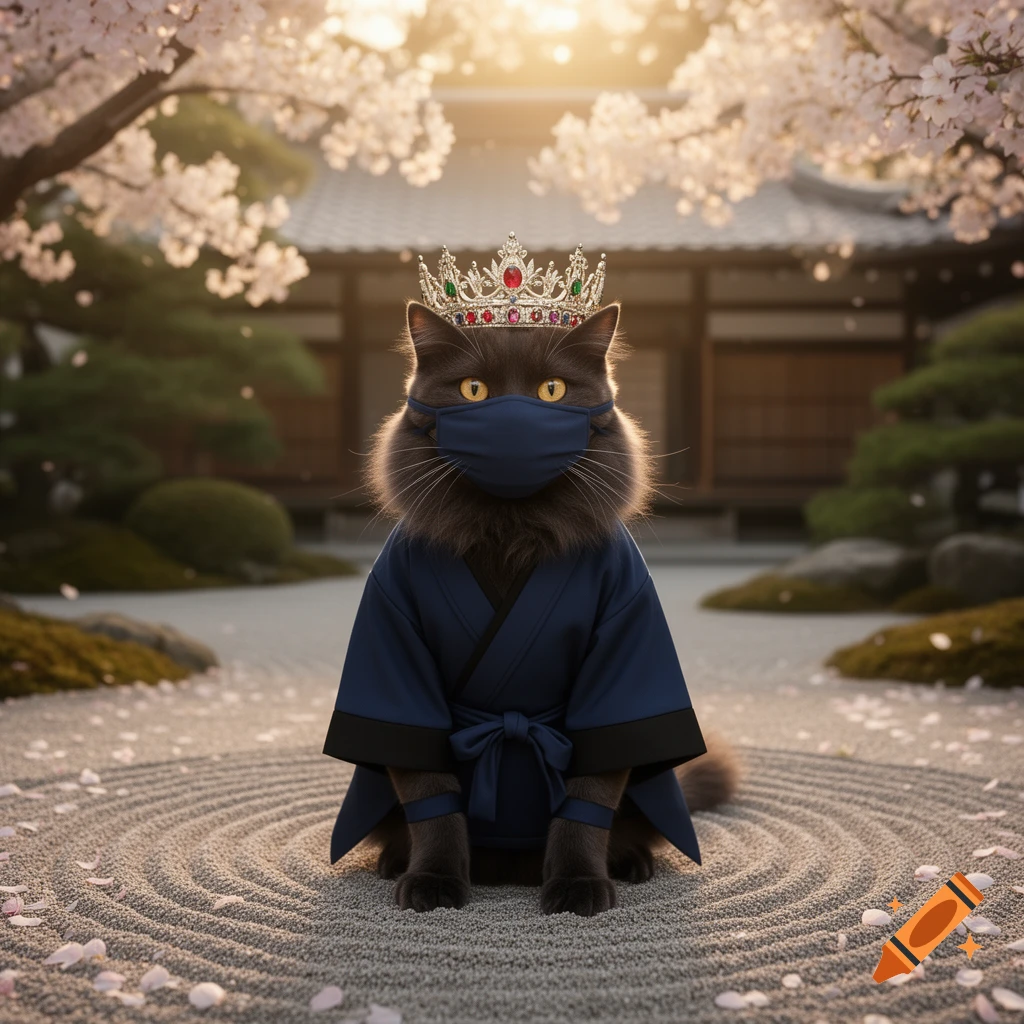 A photorealistic gray cat wearing a golden jeweled crown, a blue kimono, and a blue face mask sits in a raked zen garden with cherry blossoms and a traditional Japanese building.