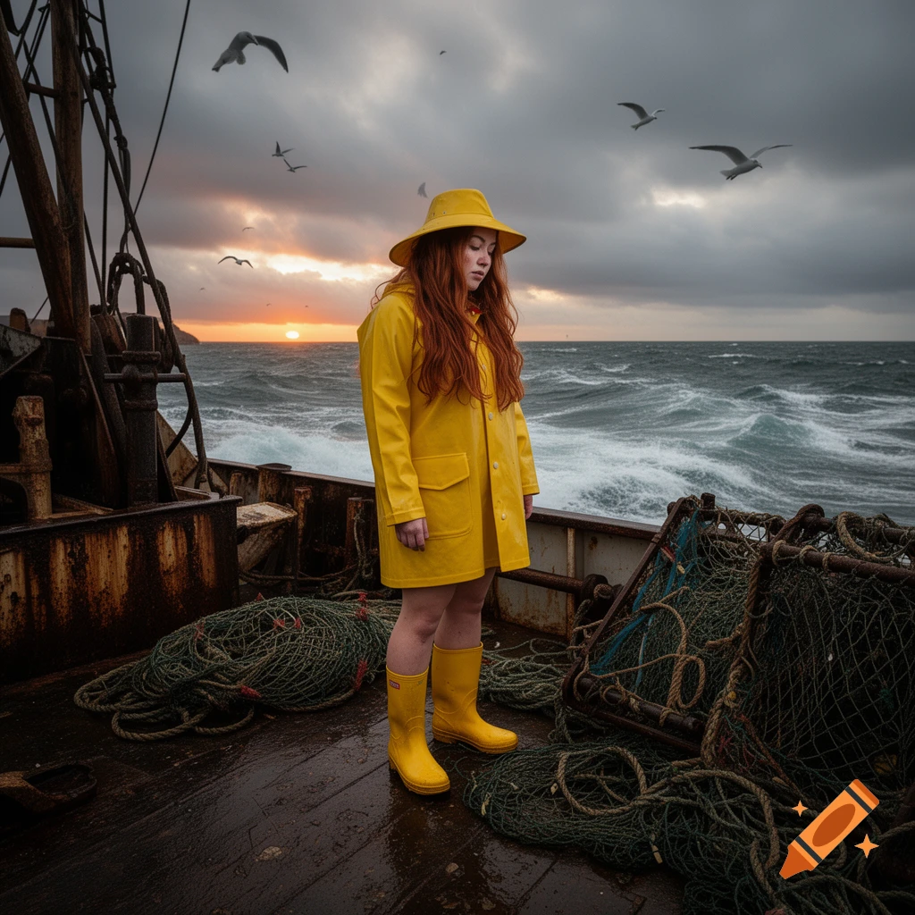 A woman with long red hair in a yellow raincoat and boots stands on a fishing trawler at sea under a stormy sunset.
