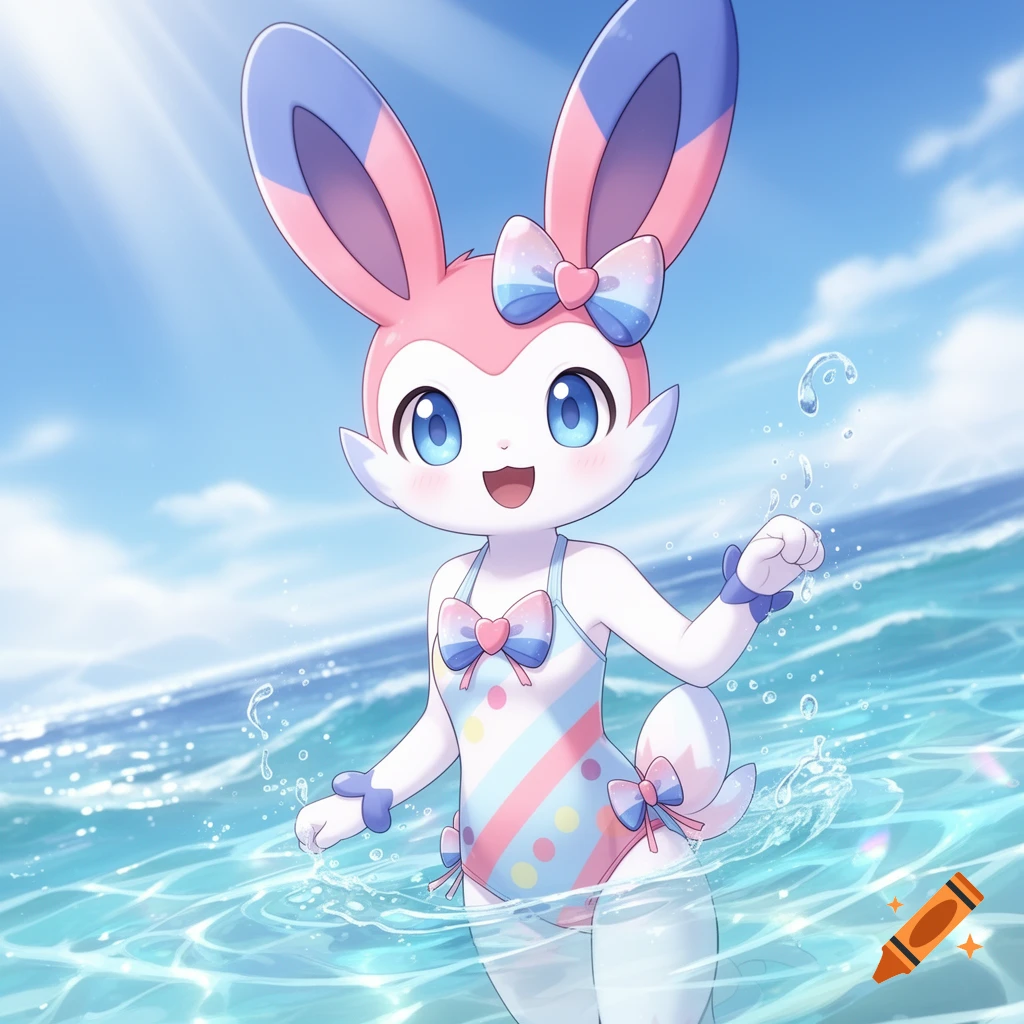 A cheerful anime Sylveon in a colorful swimsuit stands in sparkling ocean water under a sunny blue sky.