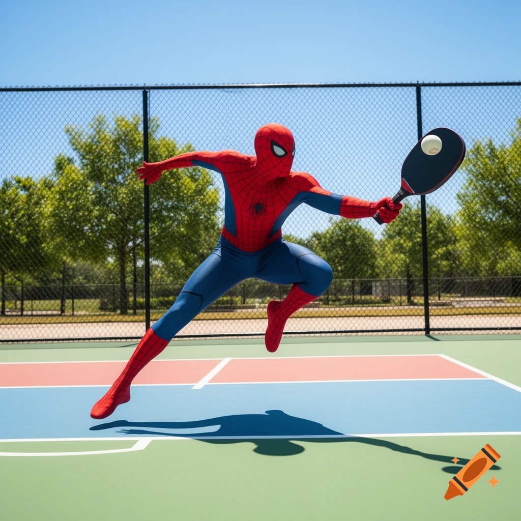 Photorealistic Spider-Man in costume leaps to hit a pickleball on a sunny court.