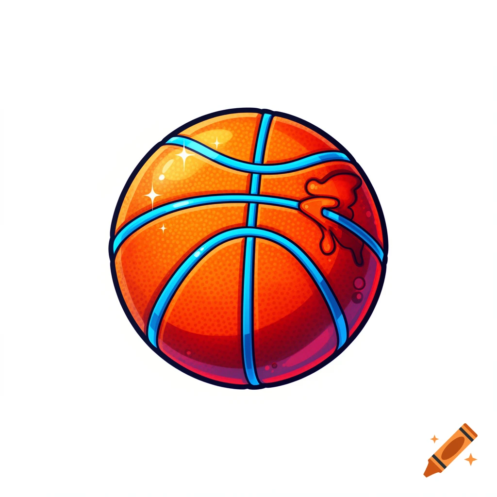 A vibrant cartoon basketball with orange and blue lines and a stylized red dripping goo effect.