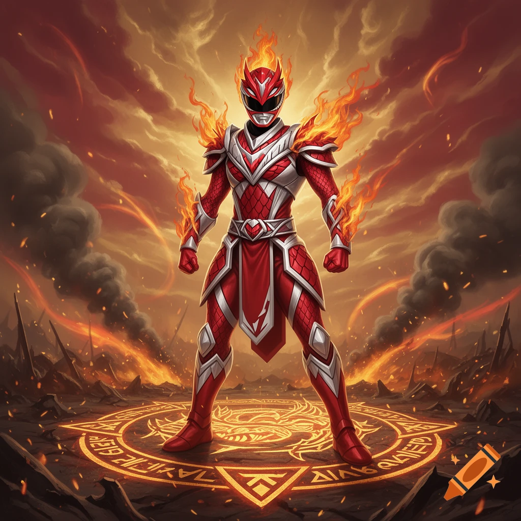 A fiery red and silver Power Ranger-like dragon knight stands on a glowing magic circle amidst a smoky, fire-ravaged landscape.