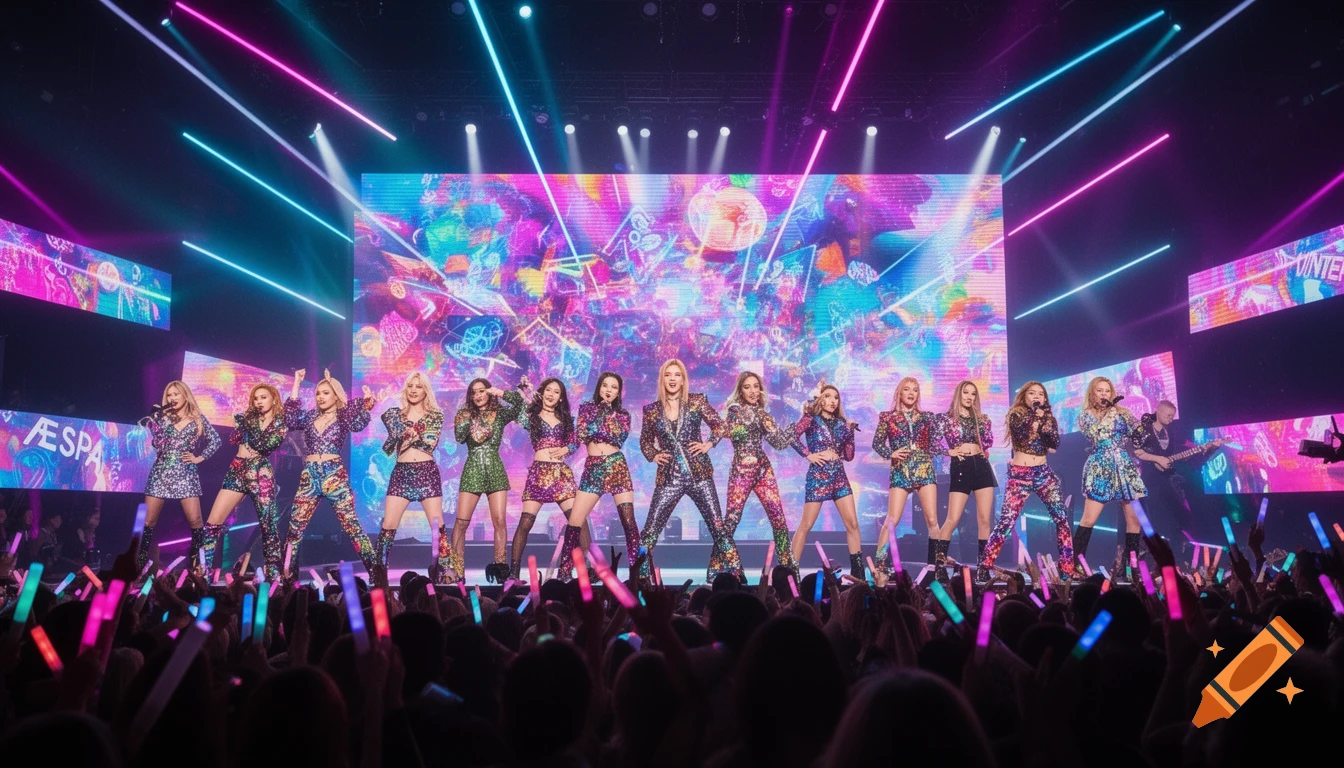 A large K-pop group performs on a brightly lit stage with a large colorful screen behind them, while a crowd in the foreground holds up glow sticks.
