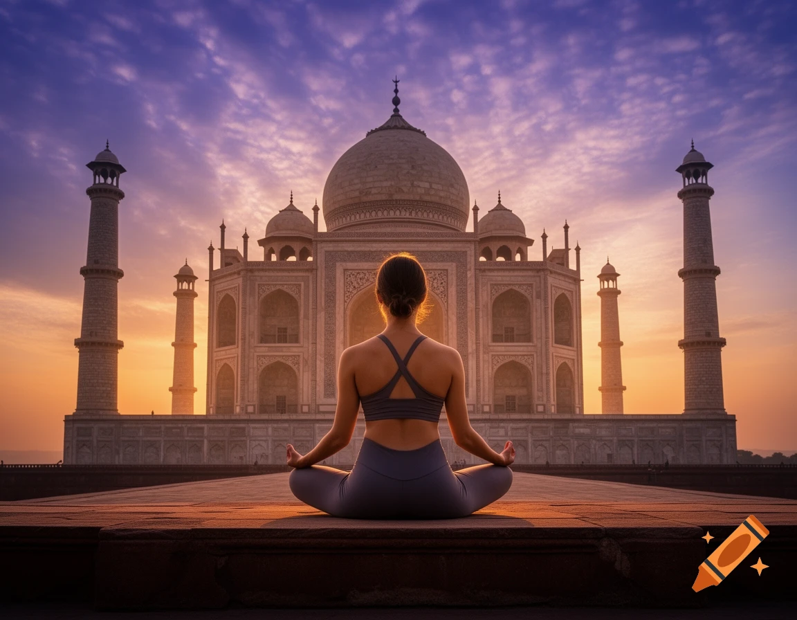 Woman in yoga pose on a platform, back to camera, facing the Taj Mahal at a vibrant sunrise. Photorealistic.
