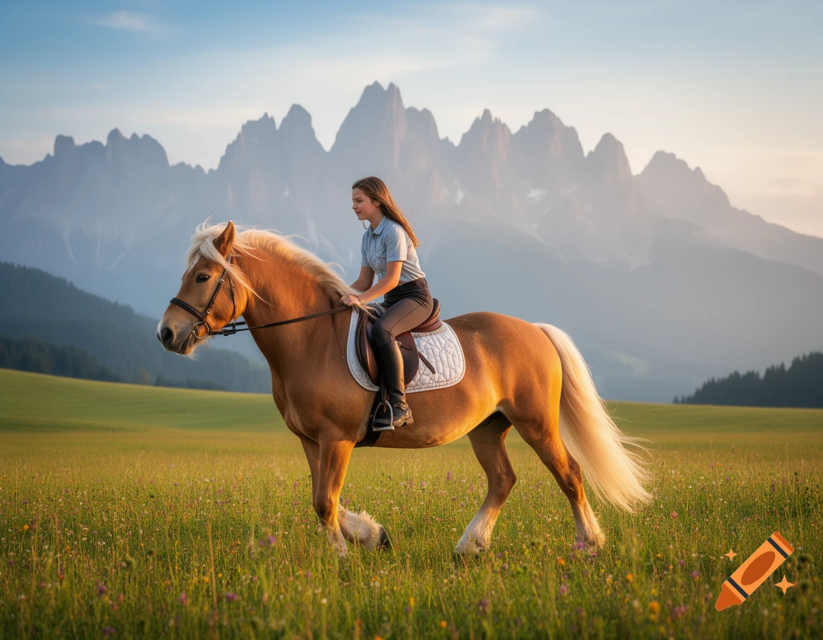 A young girl rides a blonde Haflinger horse through a green field with wildflowers, against a backdrop of hazy mountains at sunset.