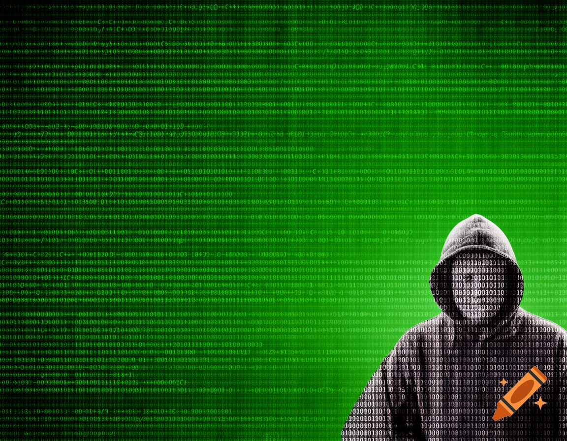 A hooded hacker figure made of binary code stands against a green background filled with flowing program code and binary digits.