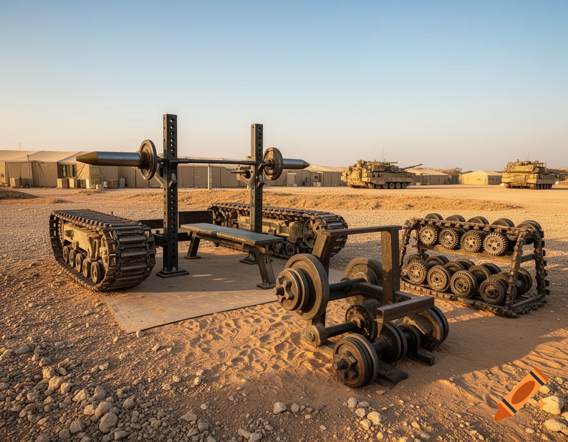 An improvised outdoor gym built from tank scraps and tracks, set in a desert military camp with tanks and tents in the background, photorealistic.
