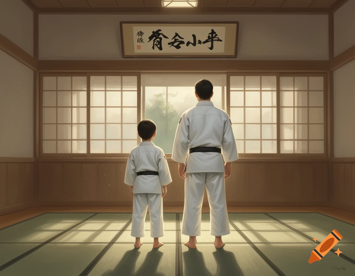 A father and son in white judo kimonos with black belts stand with their backs to the viewer in a traditional Japanese dojo, looking out a window.