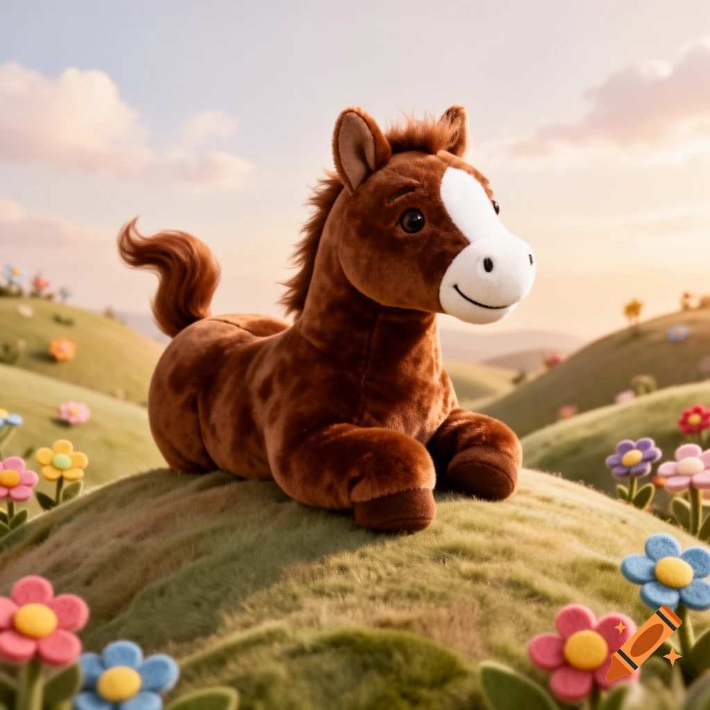 A hyperrealistic brown plushie horse with a white snout smiles on a grassy hill with colorful felt flowers under a cloudy sky.