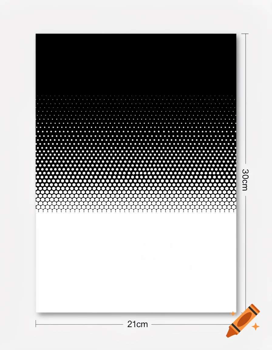A black to white abstract gradient composed of rows of white hexagonal dots on a black background, with 30cm and 21cm dimensions shown.