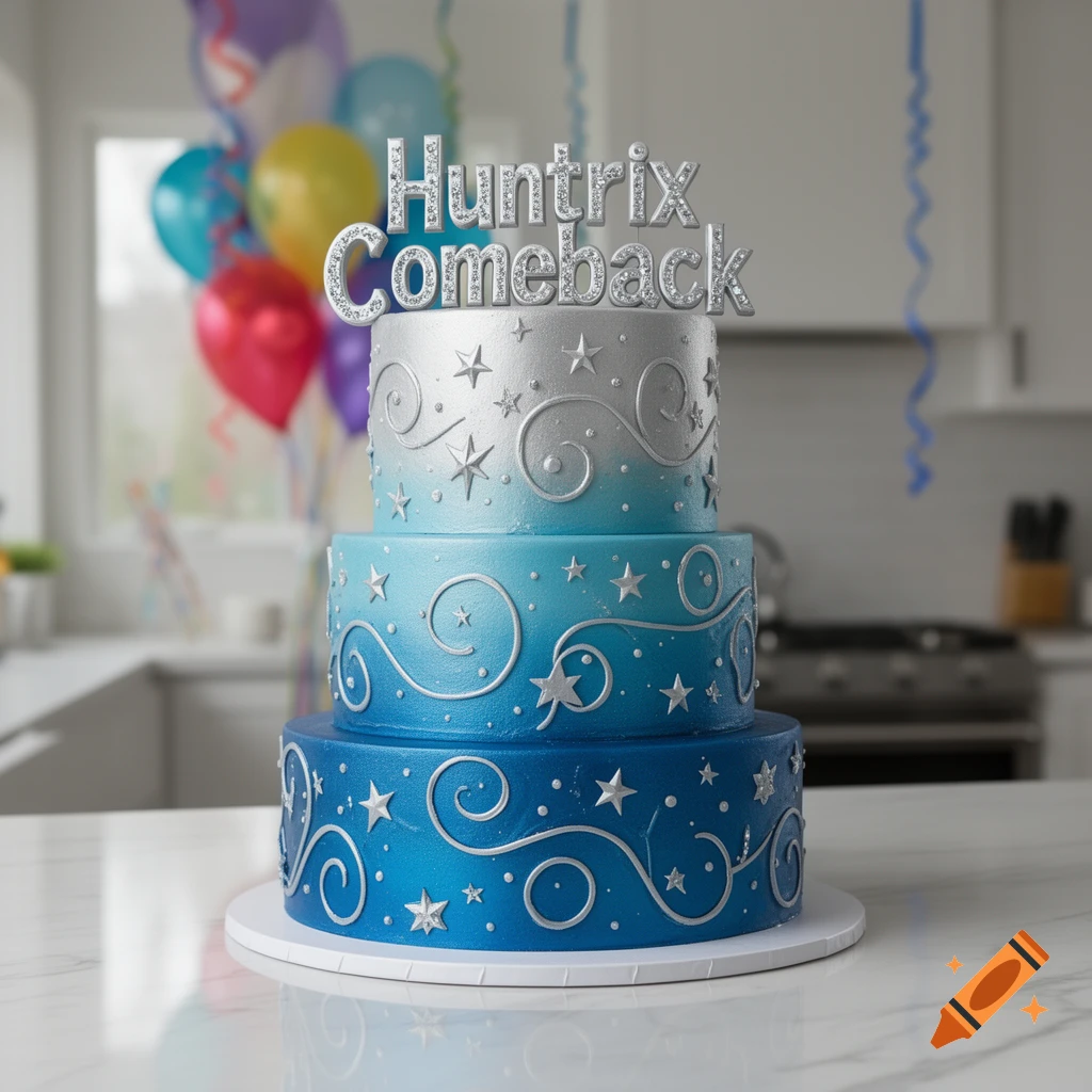 A three-tiered blue and silver cake with stars and swirls, topped with a glittering "Huntrix Comeback!" text, on a counter with blurred balloons in the background.