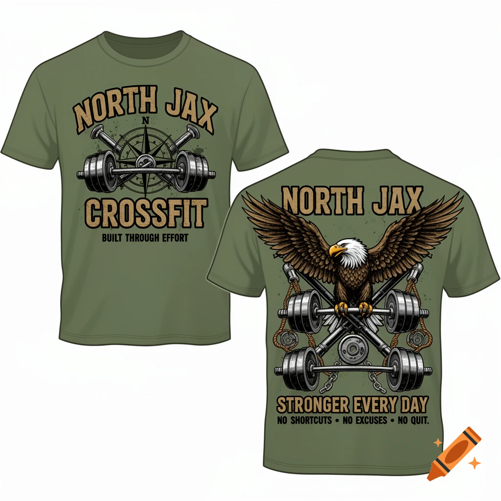 Front and back view of an olive green t-shirt with a military-inspired North Jax CrossFit design featuring an eagle, weights, and text.