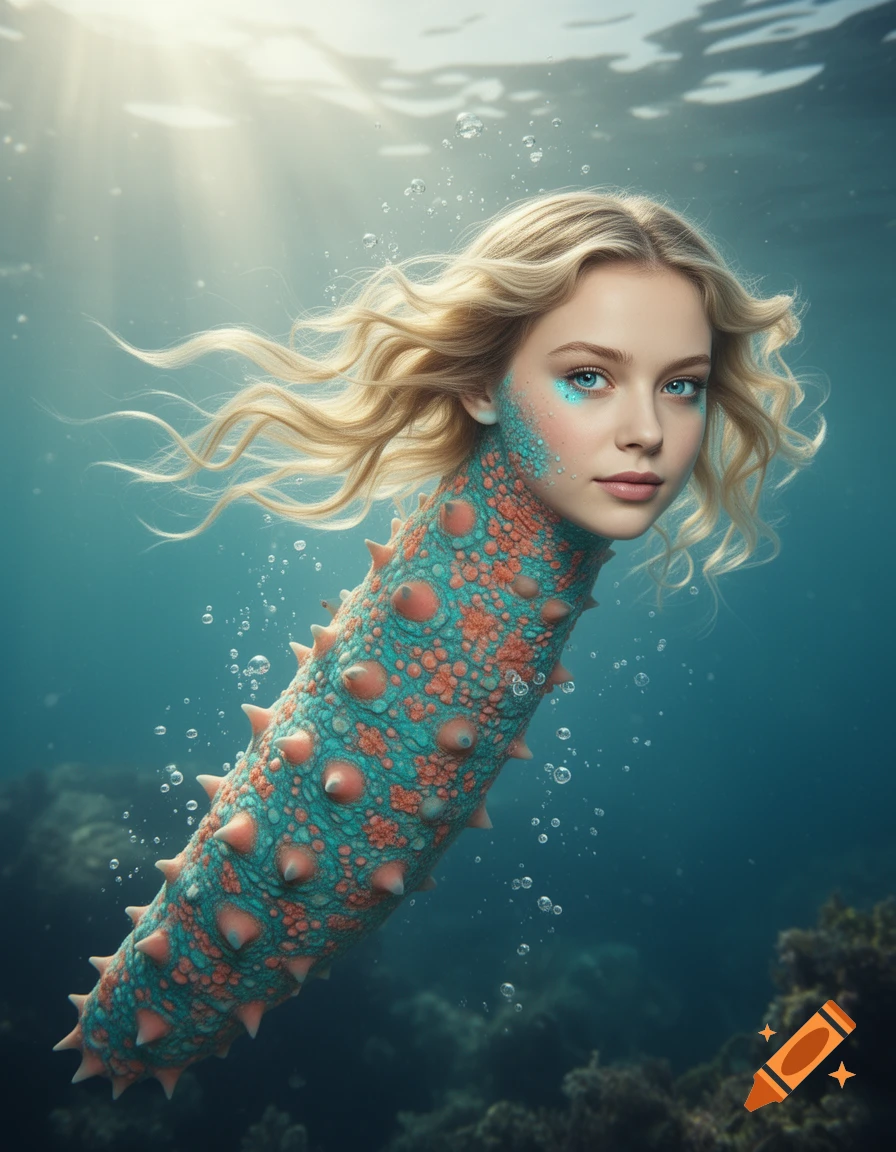 A blonde woman's head with blue glitter makeup attached to a spiky teal and orange sea cucumber body, floating underwater with bubbles and sunrays.