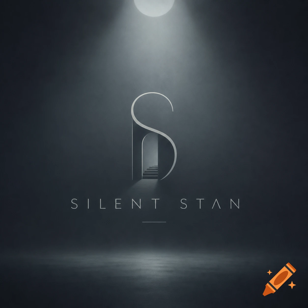 Minimalist 'SILENT STAN' logo with a stylized S, an archway, and a dim staircase under a spotlight in a dark room.