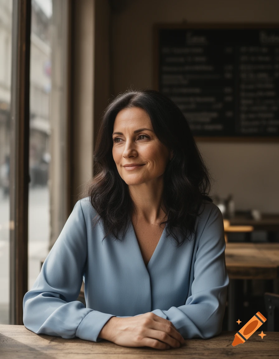 A smiling woman with dark hair in a blue shirt sits at a wooden table in a cafe, looking out a window.