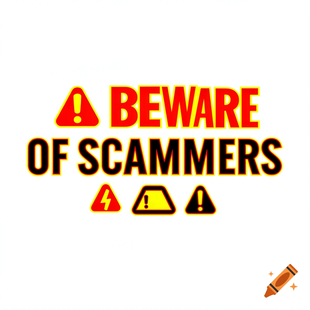 A bold warning sign with red and yellow text saying 'BEWARE OF SCAMMERS' and three warning symbols on a white background.