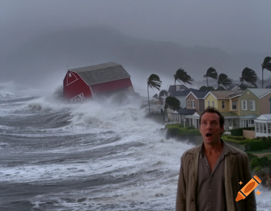 A man looks on aghast as a huge tsunami engulfs coastal homes and a red barn during a powerful storm with bending palm trees under a dark sky.