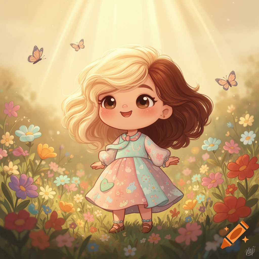 Cute chibi cartoon girl with split blonde and brown hair stands smiling in a vibrant field of colorful flowers with butterflies and sunbeams.