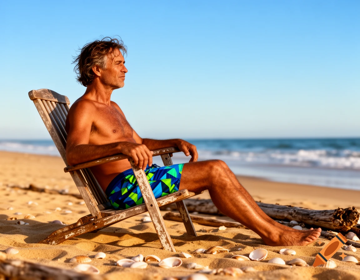 A shirtless man in colorful swim trunks sits on a wooden beach chair, gazing at the ocean under a clear blue sky.