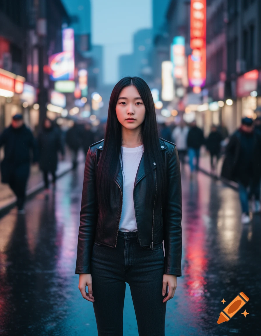 A young woman with long dark hair in a black leather jacket and jeans stands in a rainy city street at night, with blurred neon signs in the background.