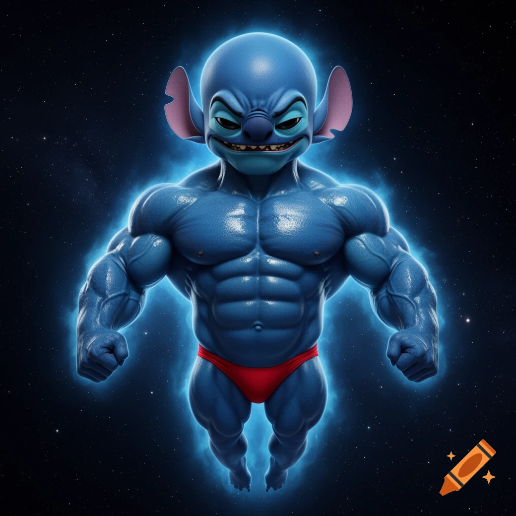 Hyper-realistic muscular Stitch from Lilo & Stitch floats in space, surrounded by a glowing blue aura, wearing a red posing thong.