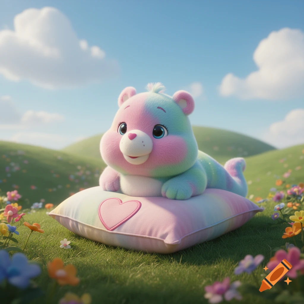 A pastel rainbow-colored, slug-like bear creature with big eyes lies on a pink pillow with a heart, in a sunny green field with wildflowers.