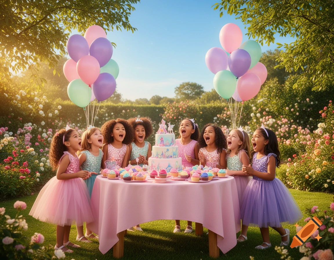 Eight happy young girls celebrate a birthday party in a sunny rose garden with a cake, cupcakes, and colorful balloons.