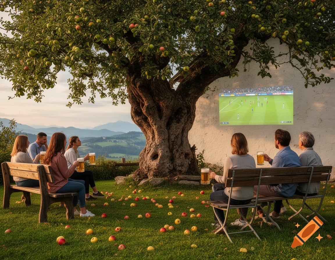 People sit on benches under a large apple tree watching a football match projected onto a white wall, with mountains in the background.