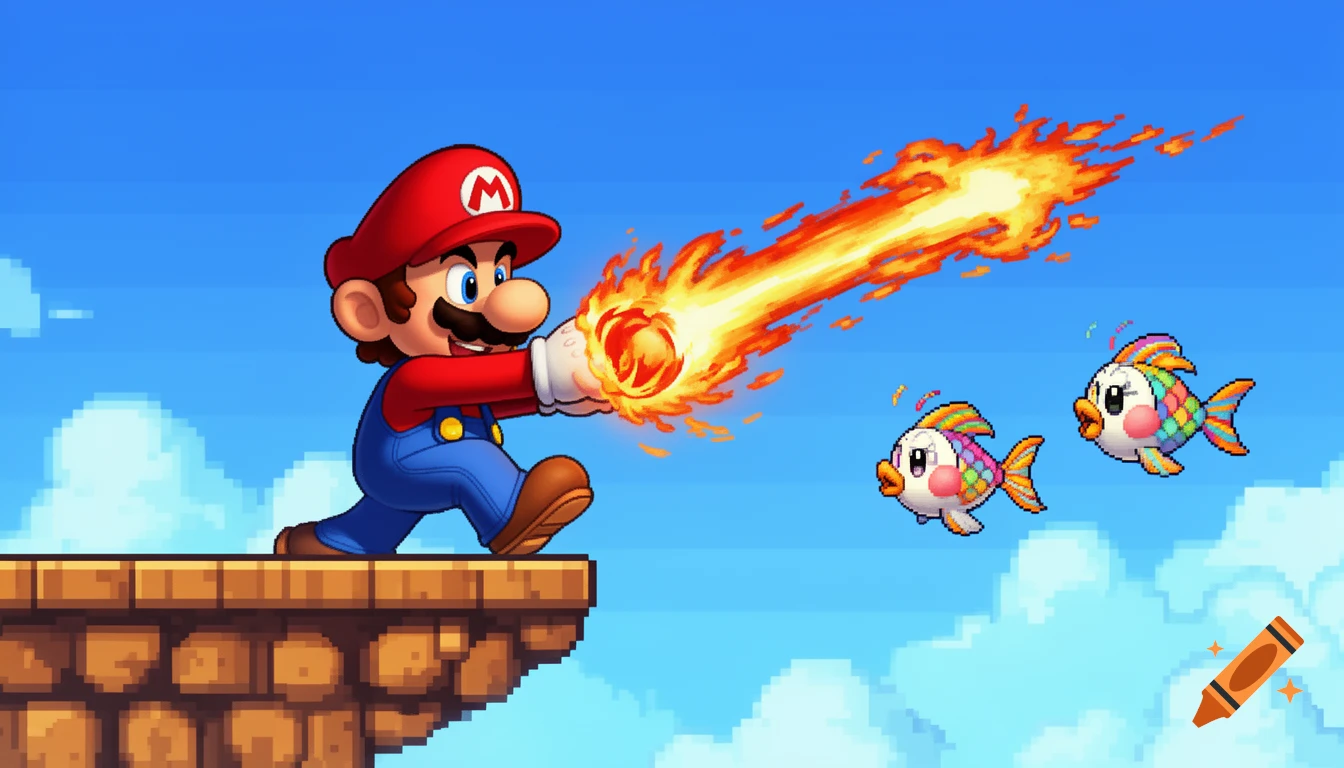 Mario, rendered in a pixel art style, shoots a fiery fireball from a brick platform towards two rainbow-colored Cheep Cheep fish against a blue sky.