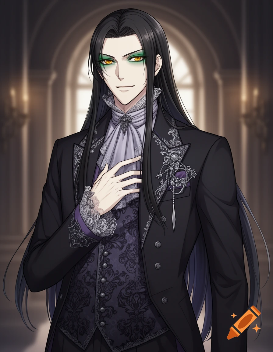 Anime-style man with long black hair, green eyeshadow, and golden eyes, wearing an ornate black gothic suit.