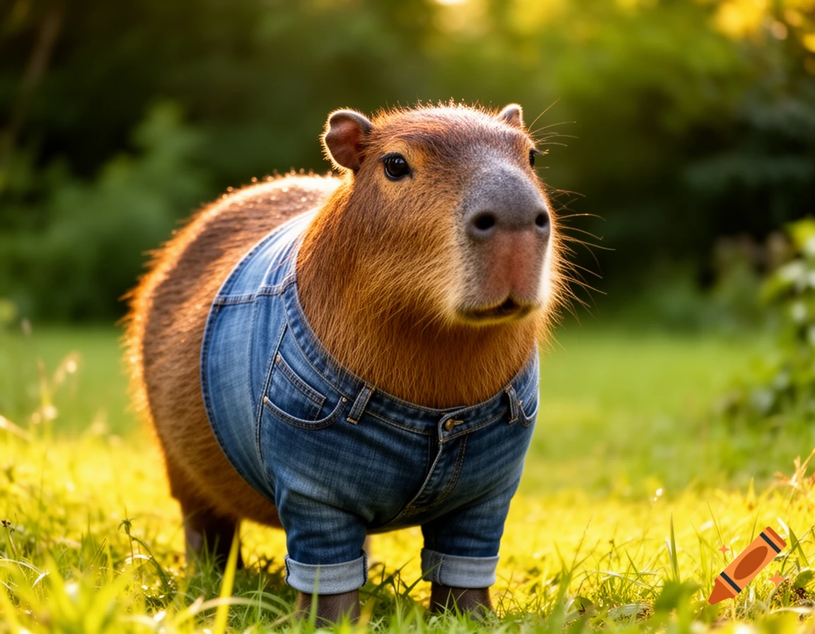 A photorealistic image of a capybara wearing blue jeans, standing in a sunny, grassy field.