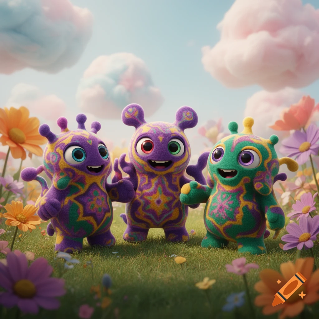 Three colorful, fuzzy, cartoon-like creatures with large eyes stand in a vibrant green field with assorted colorful flowers and fluffy, pastel clouds in the sky.