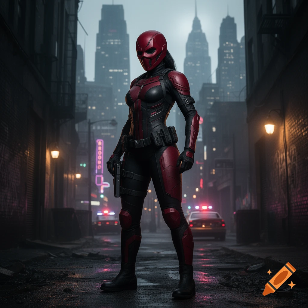 Female character in a red and black armored suit and helmet stands with a pistol in a dark, wet city alley at night, with skyscrapers.
