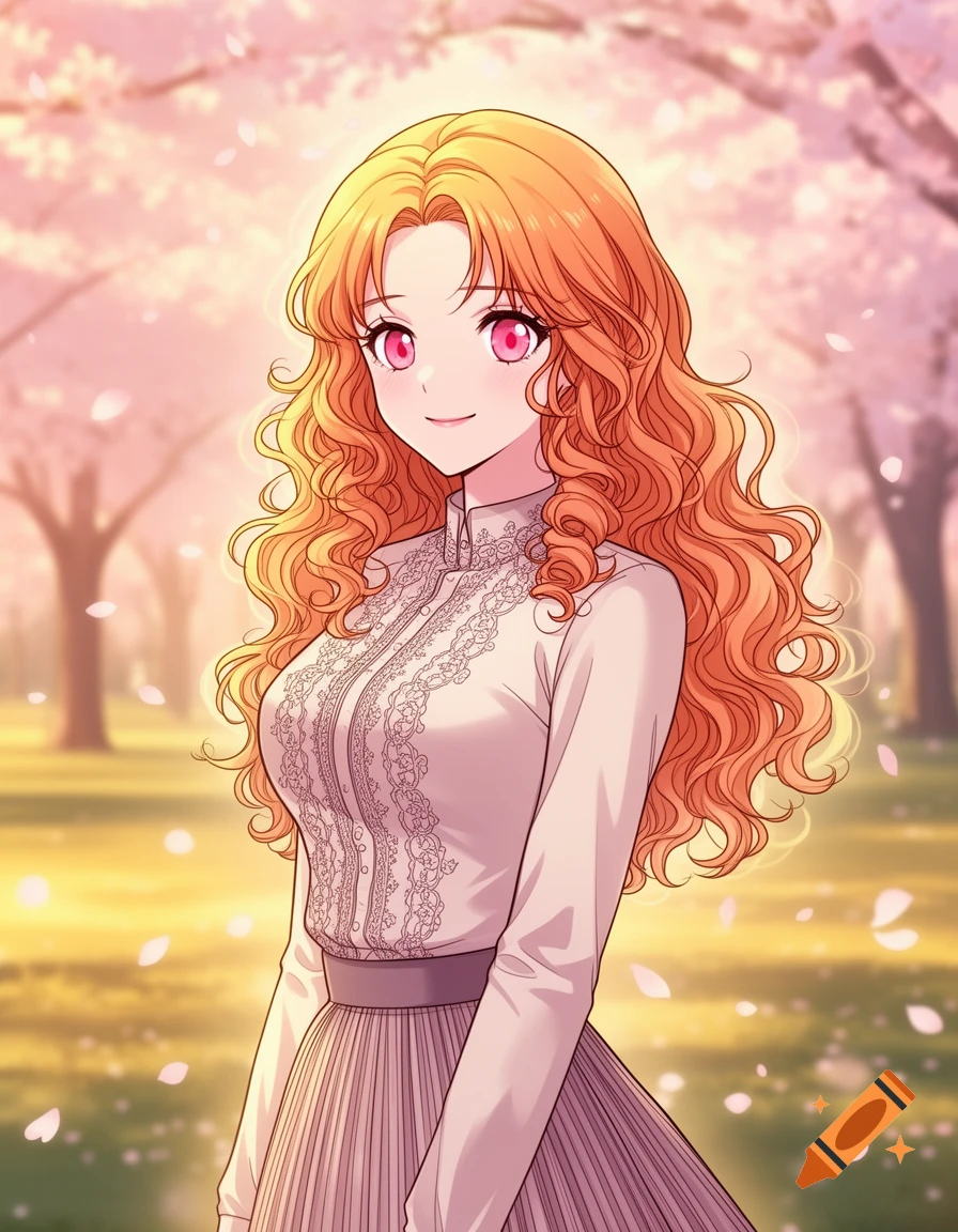 Manhwa illustration of a smiling woman with long curly ginger-blonde hair and pink eyes in a cherry blossom park.