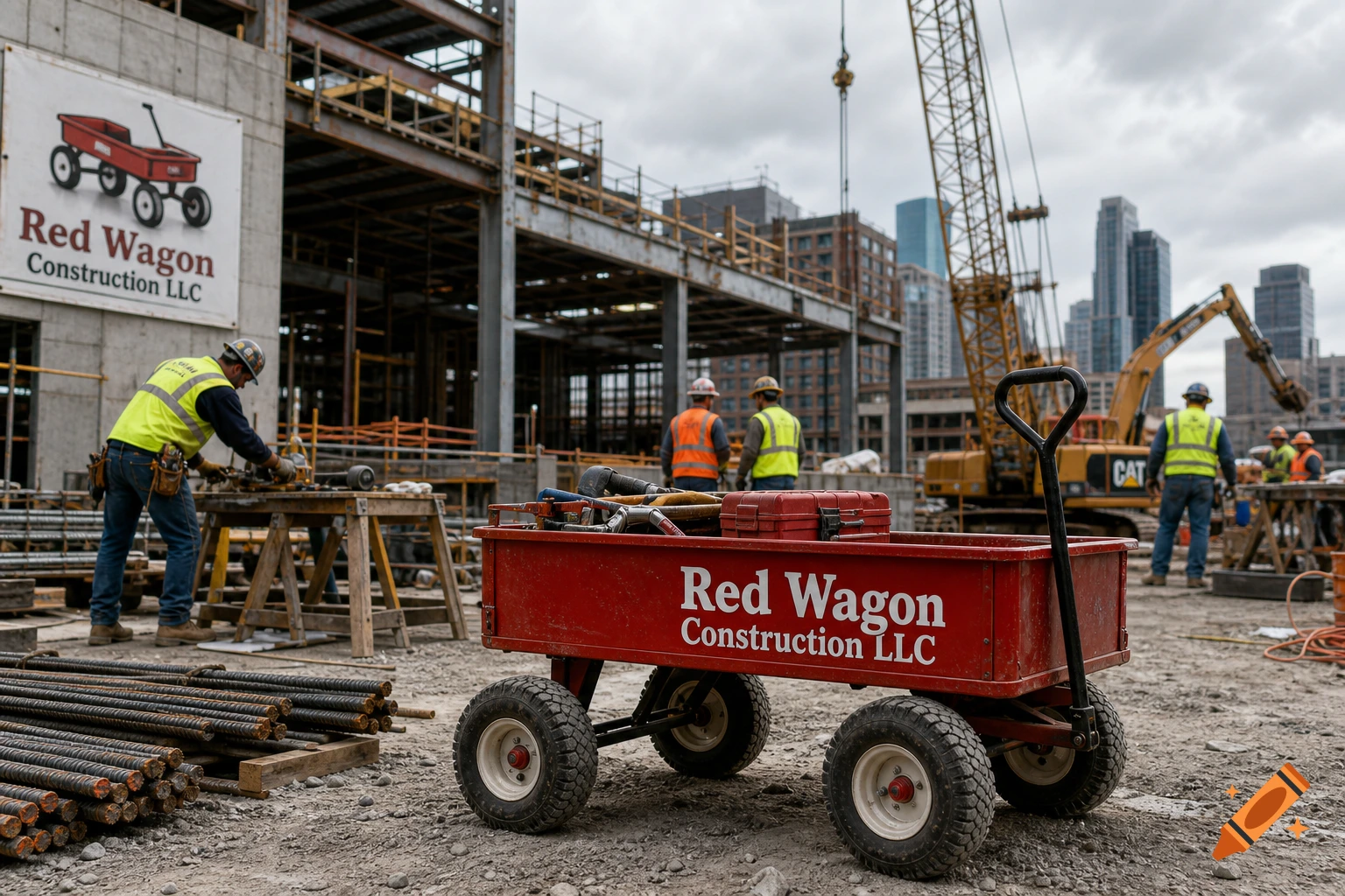 A busy construction site with workers in hard hats and safety vests. In the foreground, a red wagon filled with tools sits on the gravel, behind it a worker operates equipment. Heavy machinery and a partially built structure are in the background under a cloudy sky.