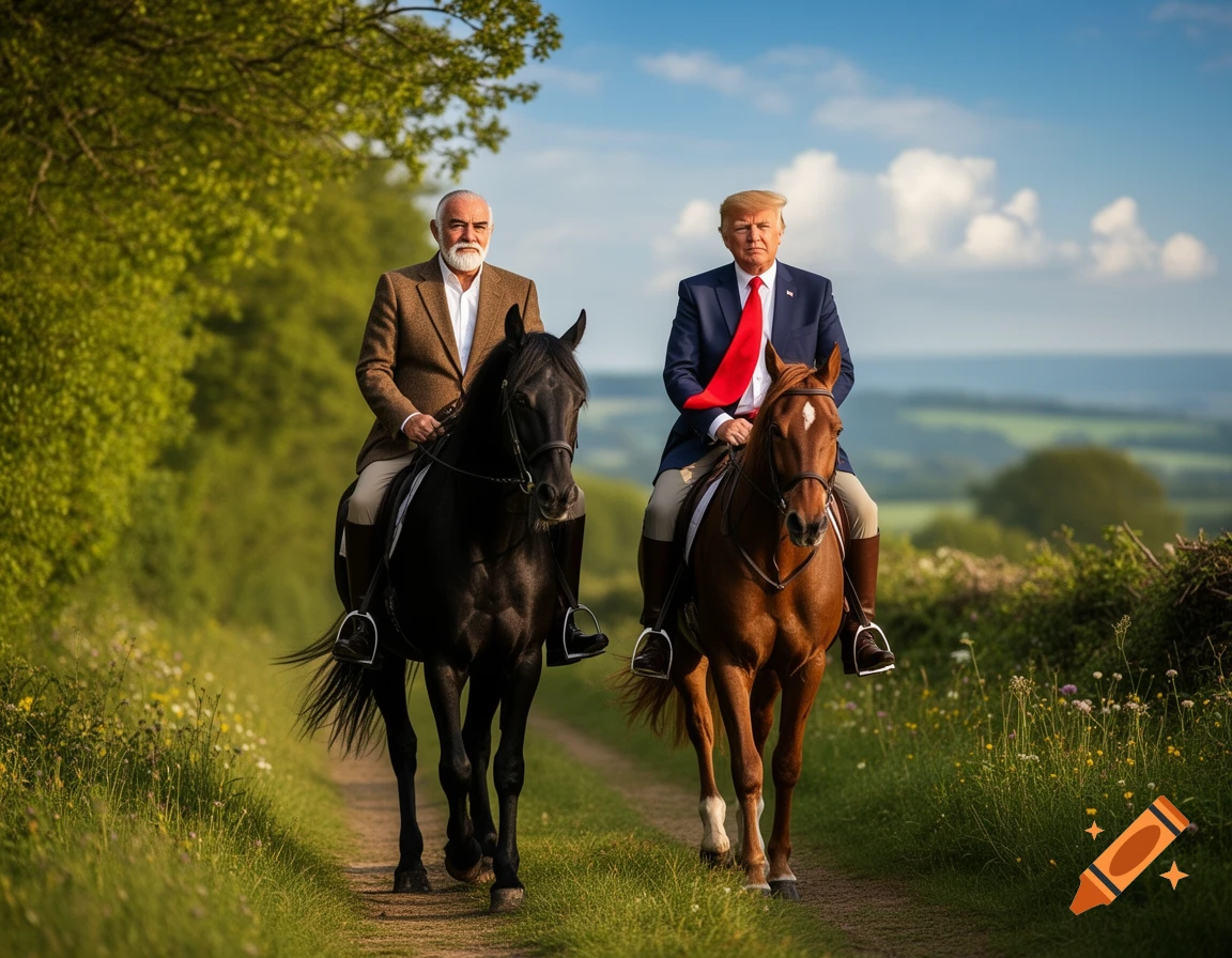 Sean Connery and Donald Trump riding horses on a dirt path through a lush green rural landscape under a blue sky.