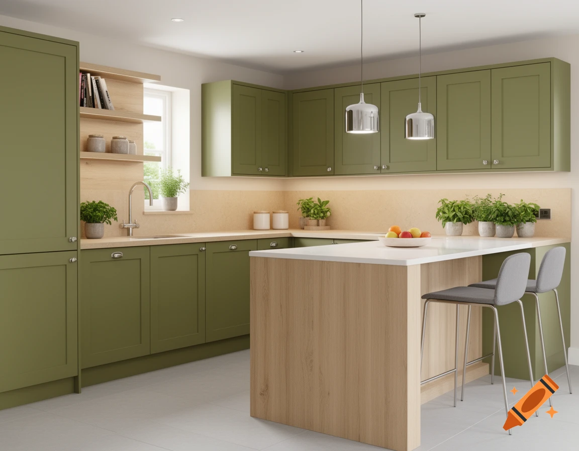 Modern kitchen with olive green cabinets, light wood accents, white countertops, and a gray floor.