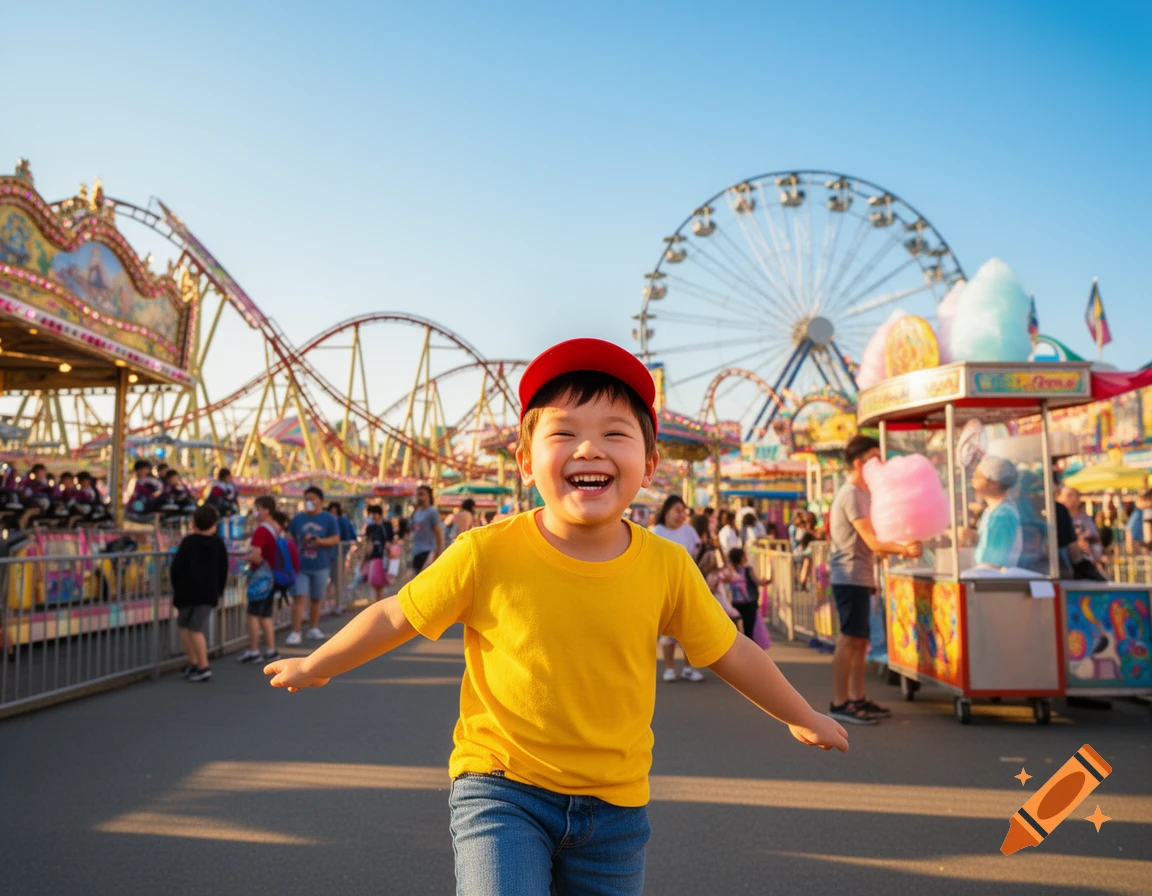 A happy child in a yellow shirt and red cap smiles brightly while standing at a funfair with roller coasters and a Ferris wheel in the background.