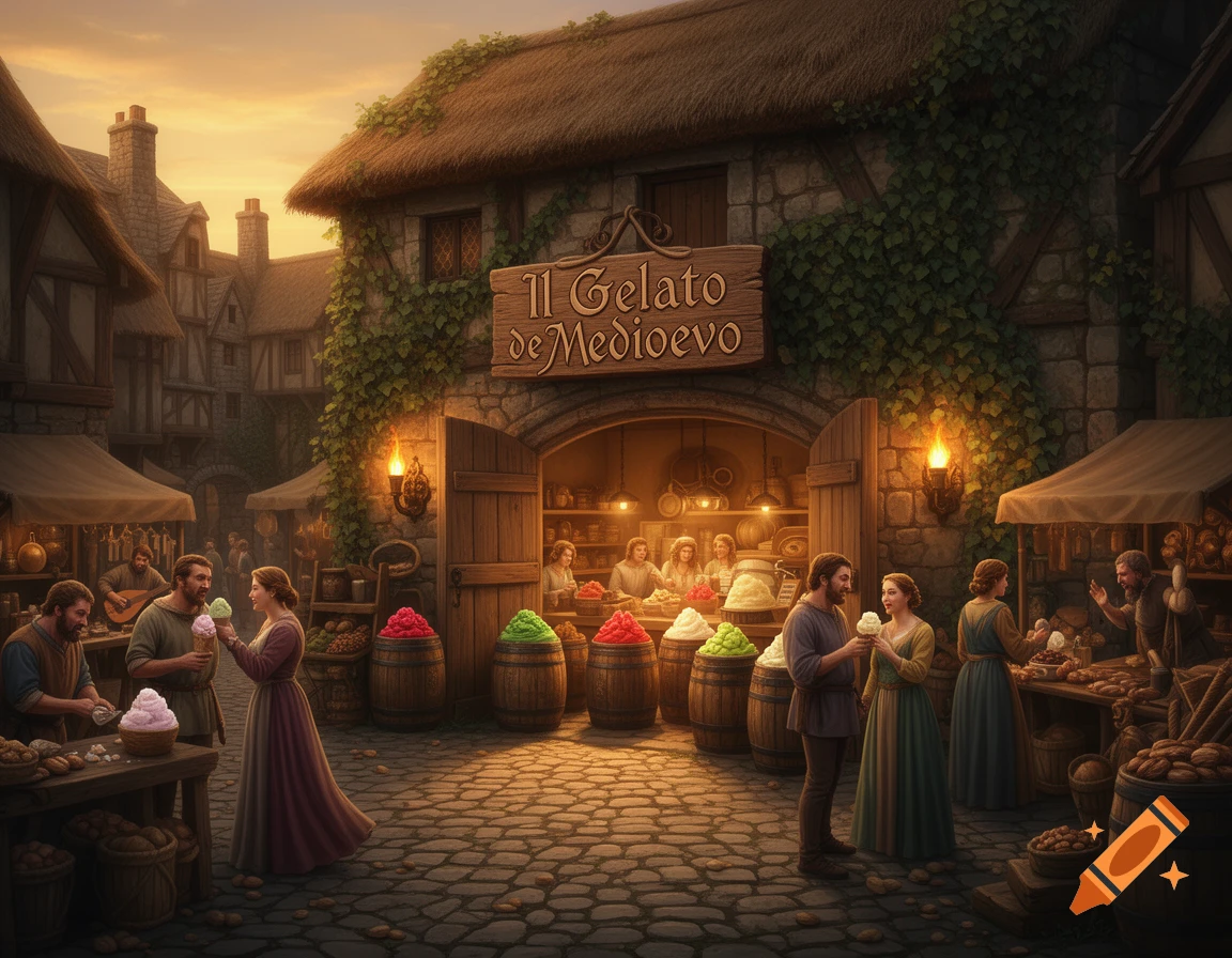 A bustling medieval street market at sunset, with people gathered around a gelato shop featuring a sign that reads "Il Gelato de Medioevo" and various colorful ice cream flavors.