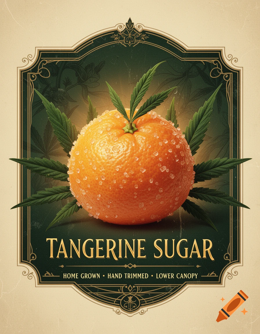A vintage-style label for "Tangerine Sugar" featuring a sugar-coated tangerine surrounded by cannabis leaves, with an Art Deco frame.