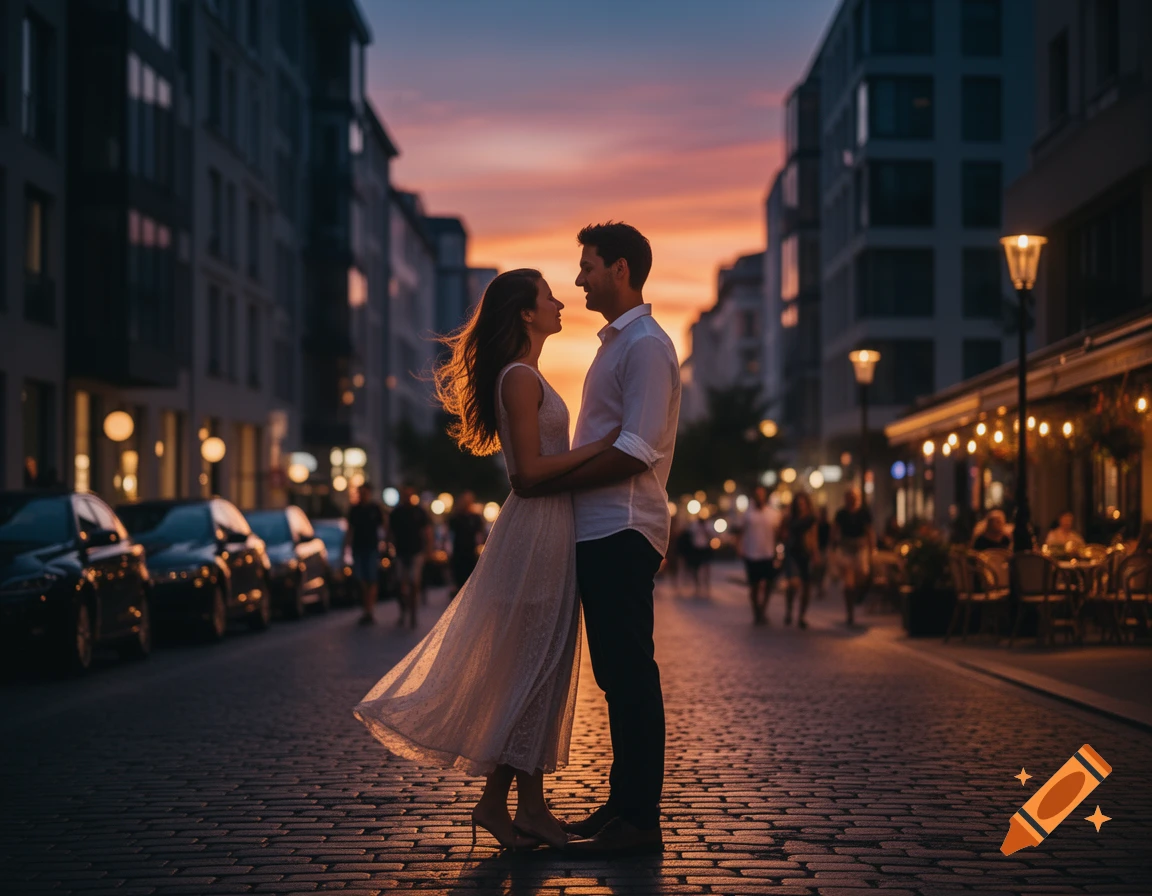 A romantic couple embraces on a cobblestone city street at sunset, bathed in a warm orange glow from the sky and streetlights.