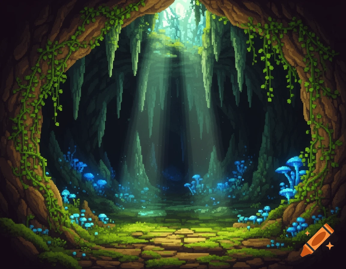 Pixel art of a magical overgrown cave with glowing blue mushrooms, green vines, and sunbeams shining down.