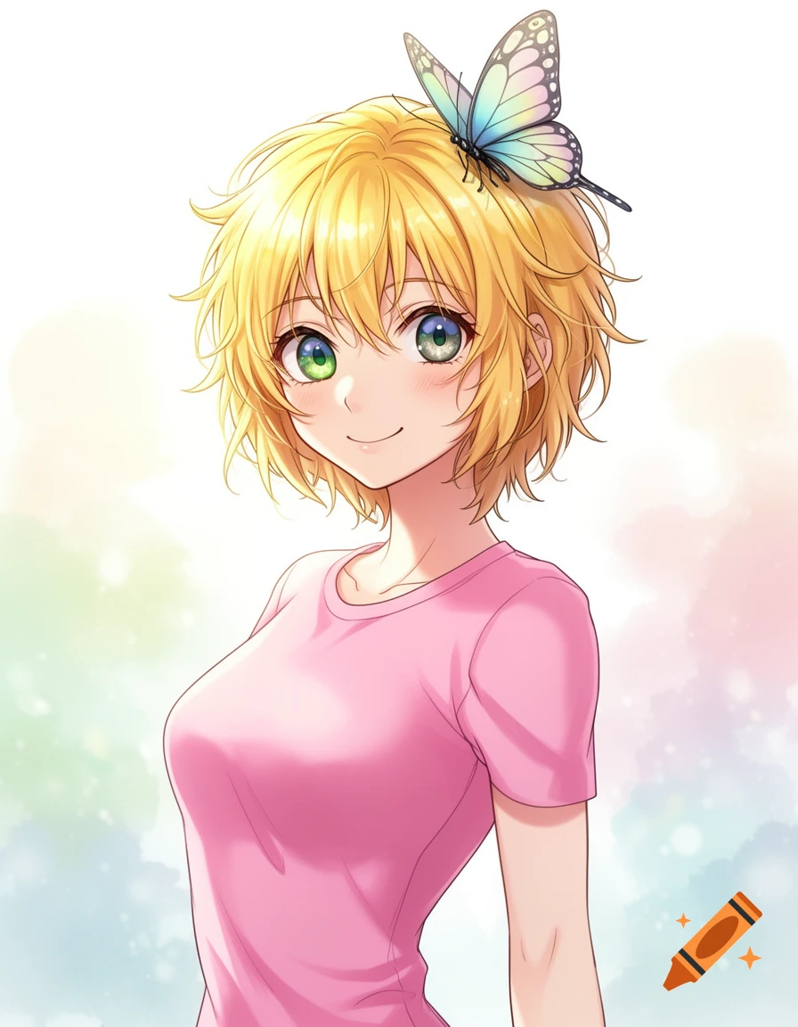Anime girl with short blonde hair and heterochromatic green and blue eyes, wearing a pink t-shirt, with a butterfly on her head.