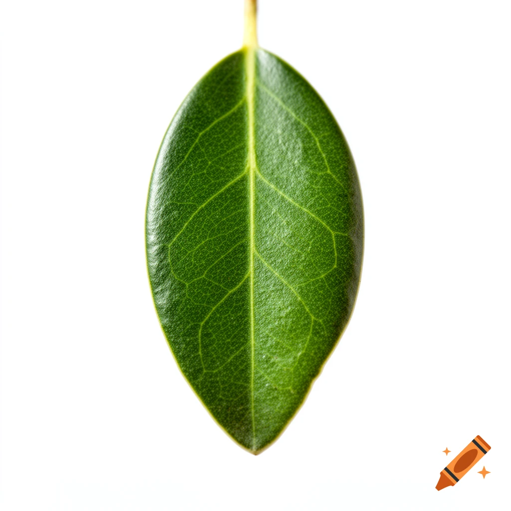 A single vibrant green leaf with prominent veins and a short stem on a white background, captured close-up.