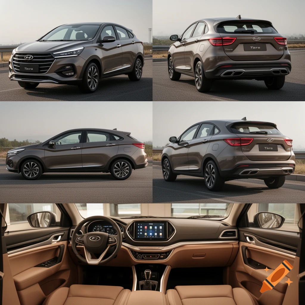Multi-panel photorealistic image of a brown modern SUV, showing front, rear, side, and interior views.