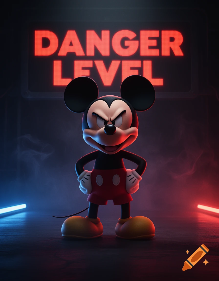 Angry Mickey Mouse stands with hands on hips under a red glowing sign that reads 'DANGER LEVEL' in a dark, neon-lit room.