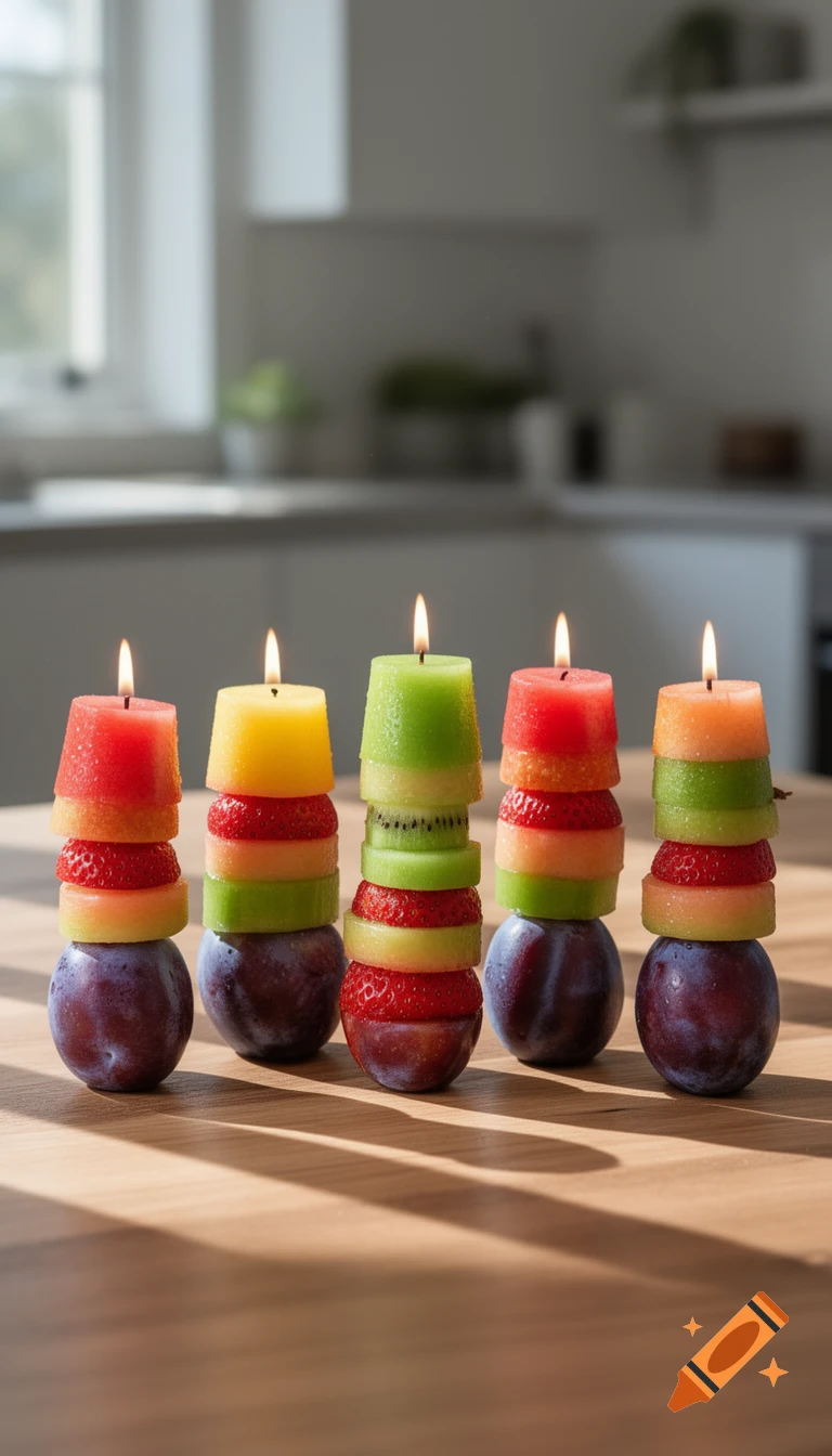 Five colorful stacks of fruit slices and lit candles on a wooden table in a bright kitchen.