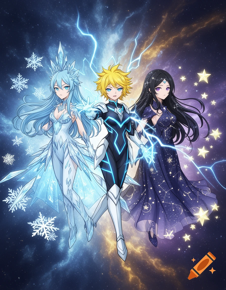 Three anime-style magical characters, themed as ice, lightning, and stars, against a cosmic background.
