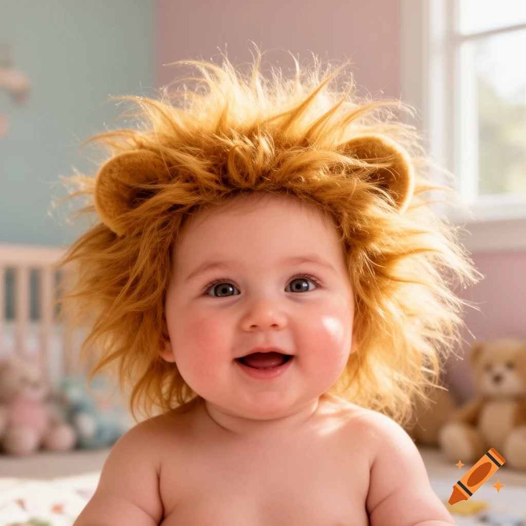 Close-up of a smiling baby wearing a fluffy lion's mane costume against a soft, sunlit nursery background.